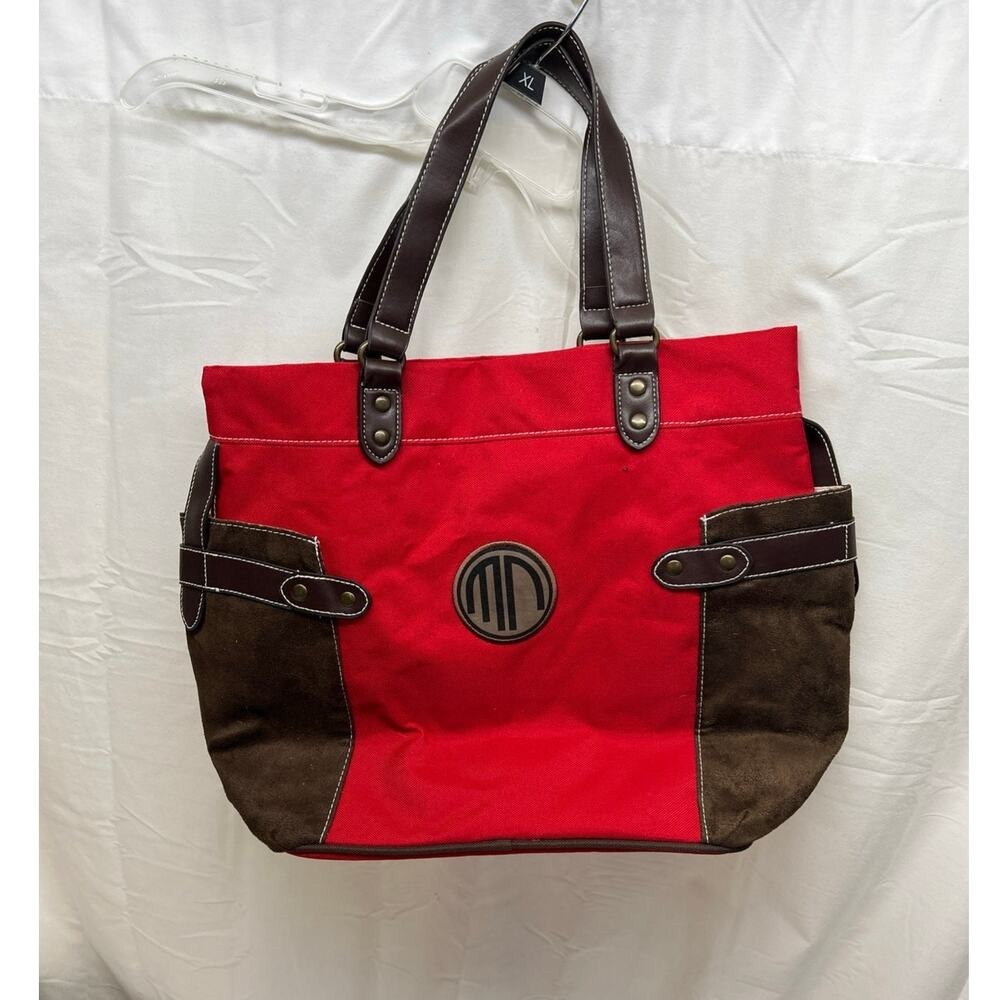 Soren Red Canvas and Brown Suede Trim Tote Bag‎ Handbag Western Boho Travel